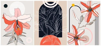 Trendy collage style lilycard designs. Abstract and minimalist illustrations with floral lily outlines. With geometric shapes and botanical elements for wall art, prints, decoration, invitations